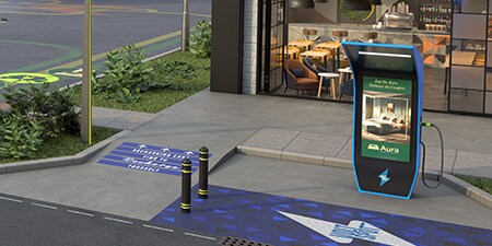 Borne de recharge avec dispositifs de sécurité au sol.
