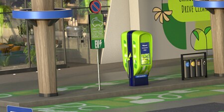 Borne de recharge habillée d'une signalétique verticale.
